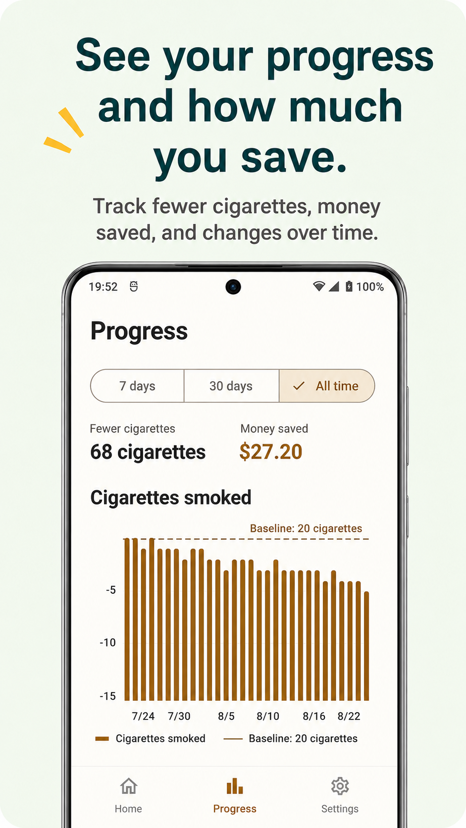Progress screen showing fewer cigarettes and money saved