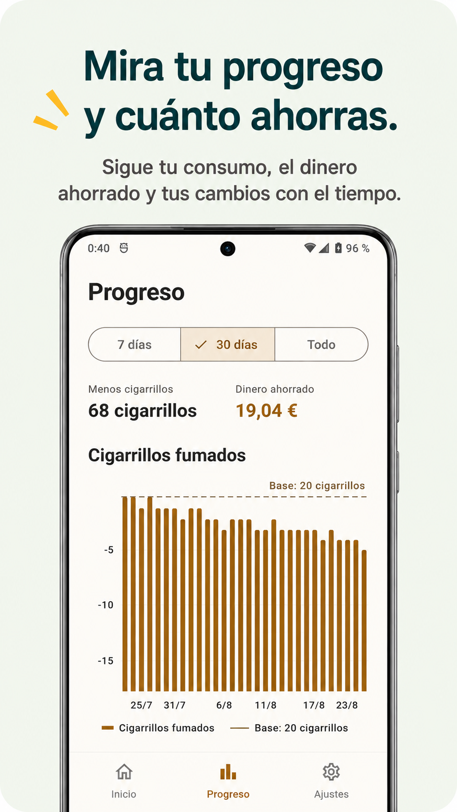 Pantalla de progreso y dinero ahorrado